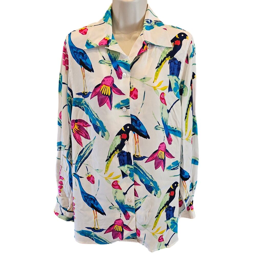 Vintage Ann May 100% silk long sleeve coquette whimiscal bird bright blouse L